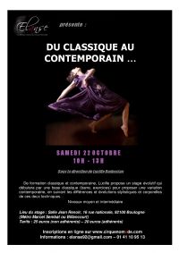 Stage de danse Du classique au contemporain. Le samedi 22 octobre 2016 à Boulogne-Billancourt. Hauts-de-Seine.  10H00